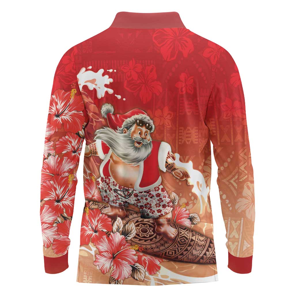 Hawaii Funny Christmas Long Sleeve Polo Shirt Santa Surfing With Tapa Pattern - Polynesian Pride