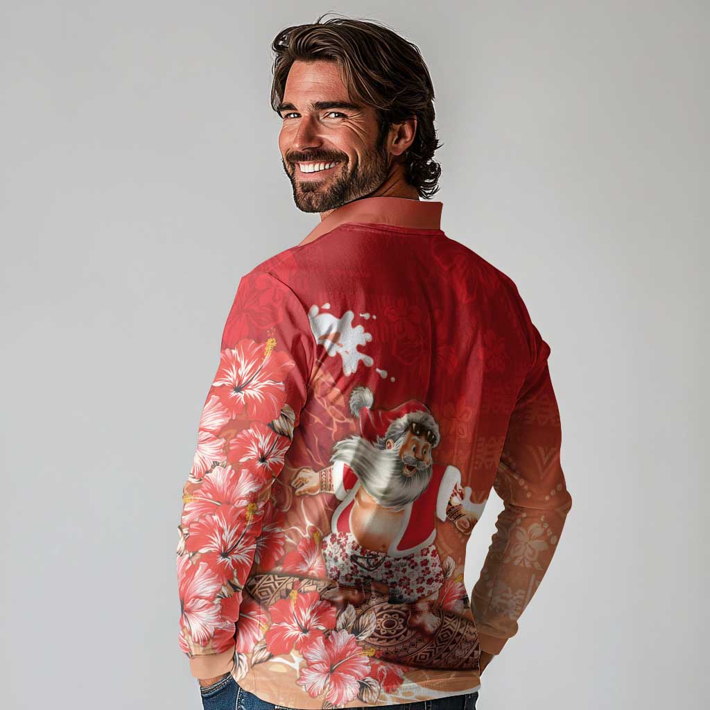 Hawaii Funny Christmas Long Sleeve Polo Shirt Santa Surfing With Tapa Pattern - Polynesian Pride