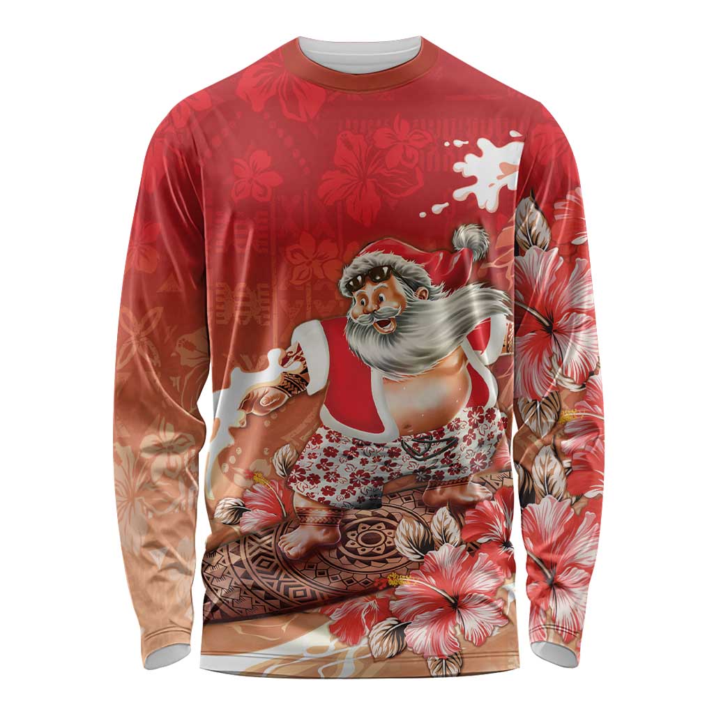Hawaii Funny Christmas Long Sleeve Shirt Santa Surfing With Tapa Pattern - Polynesian Pride