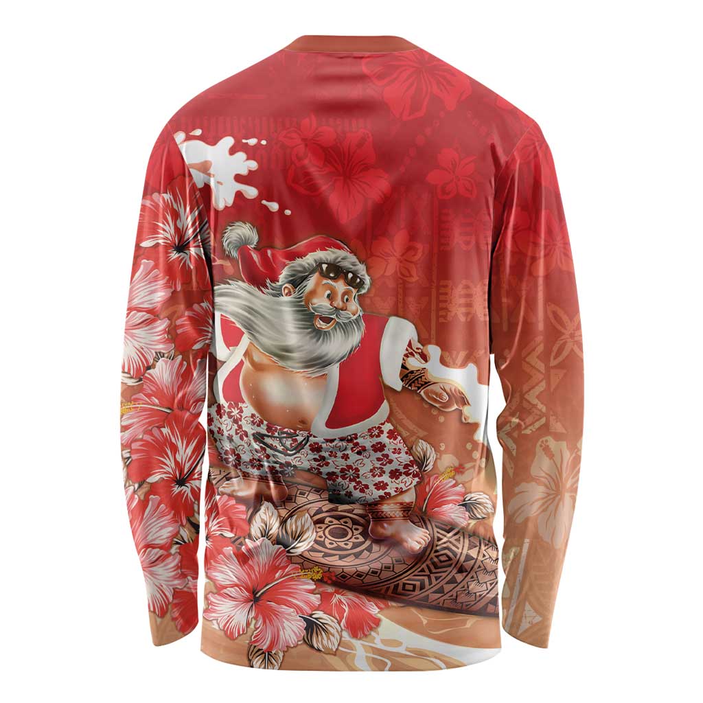 Hawaii Funny Christmas Long Sleeve Shirt Santa Surfing With Tapa Pattern - Polynesian Pride