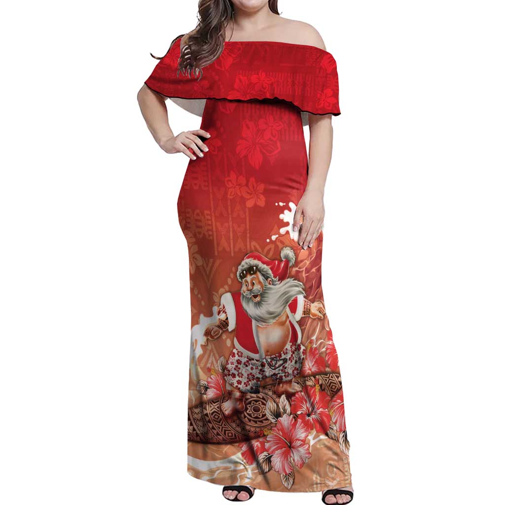 Hawaii Funny Christmas Off Shoulder Maxi Dress Santa Surfing With Tapa Pattern - Polynesian Pride