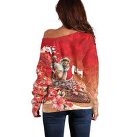 Hawaii Funny Christmas Off Shoulder Sweater Santa Surfing With Tapa Pattern - Polynesian Pride