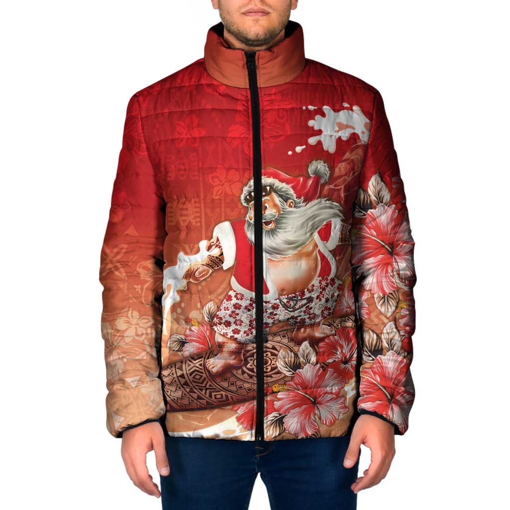 Hawaii Funny Christmas Padded Jacket Santa Surfing With Tapa Pattern - Polynesian Pride