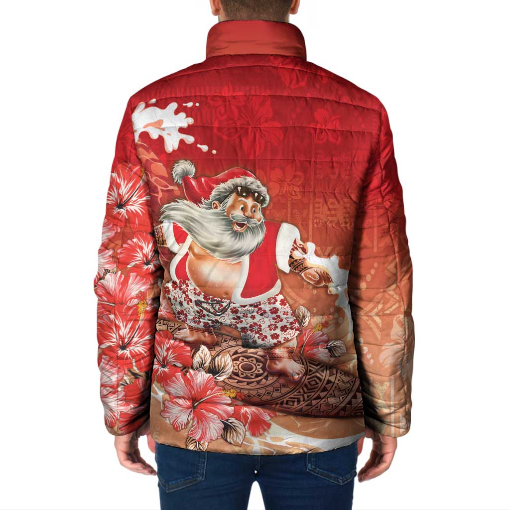 Hawaii Funny Christmas Padded Jacket Santa Surfing With Tapa Pattern - Polynesian Pride