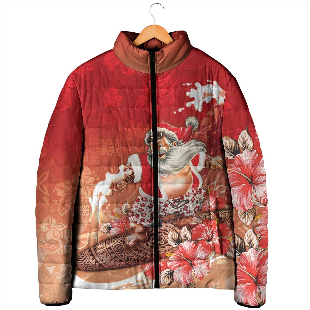 Hawaii Funny Christmas Padded Jacket Santa Surfing With Tapa Pattern - Polynesian Pride