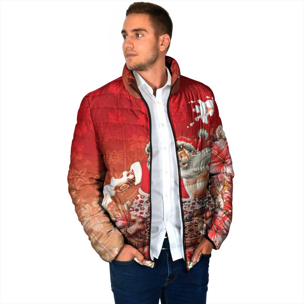 Hawaii Funny Christmas Padded Jacket Santa Surfing With Tapa Pattern - Polynesian Pride