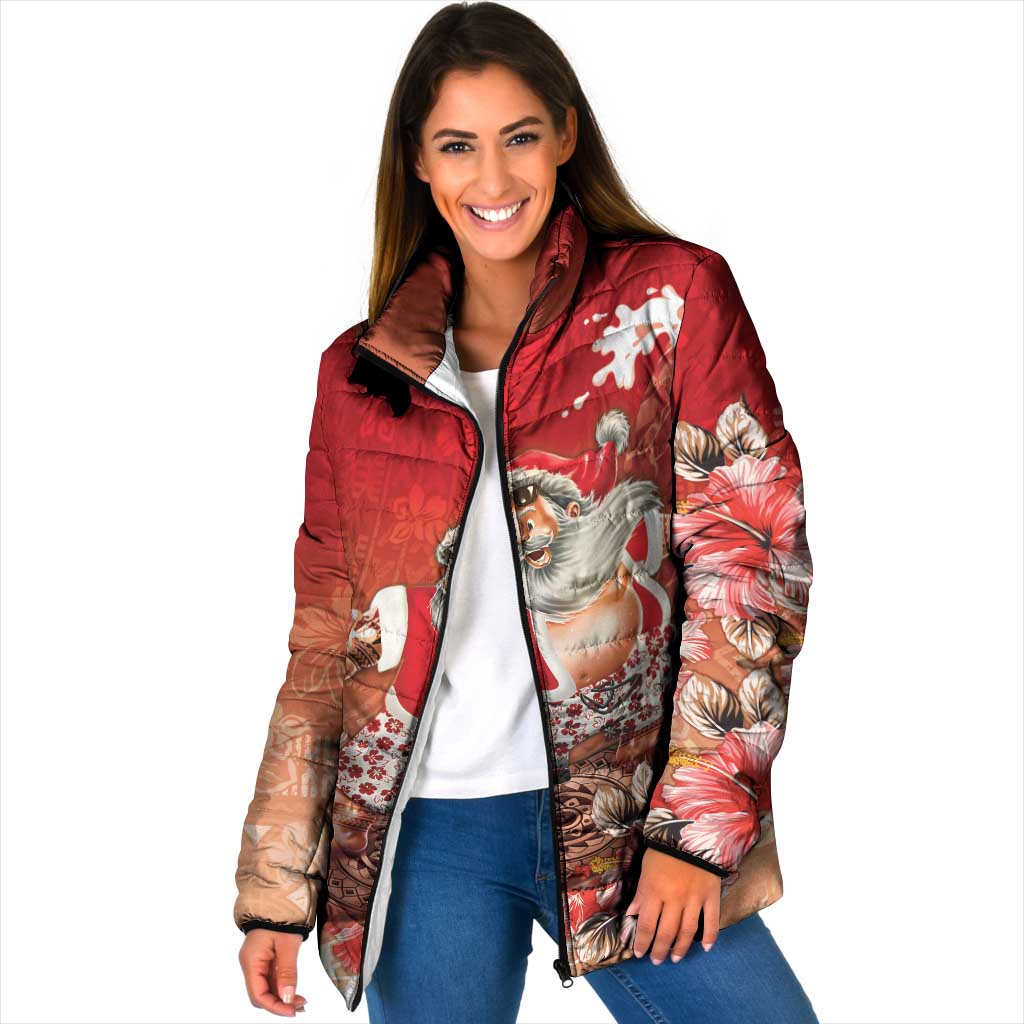 Hawaii Funny Christmas Padded Jacket Santa Surfing With Tapa Pattern - Polynesian Pride