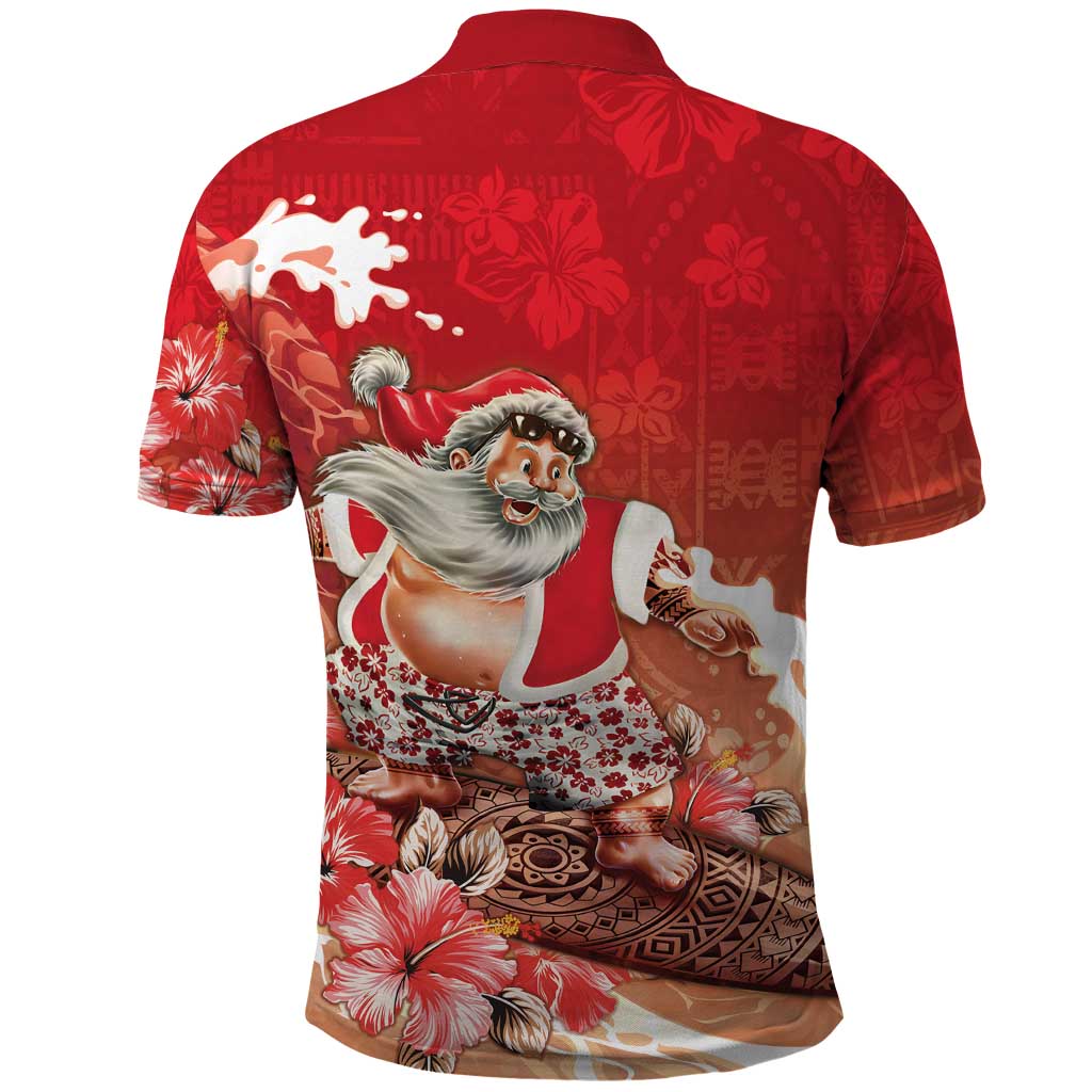 Hawaii Funny Christmas Polo Shirt Santa Surfing With Tapa Pattern - Polynesian Pride