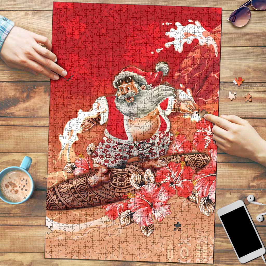 Hawaii Funny Christmas Puzzle Santa Surfing With Tapa Pattern - Polynesian Pride