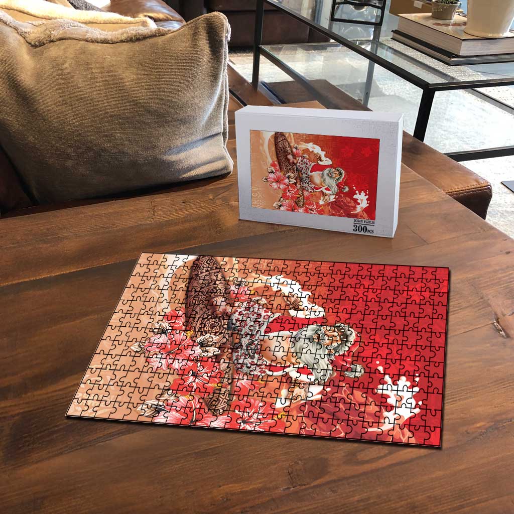 Hawaii Funny Christmas Puzzle Santa Surfing With Tapa Pattern - Polynesian Pride