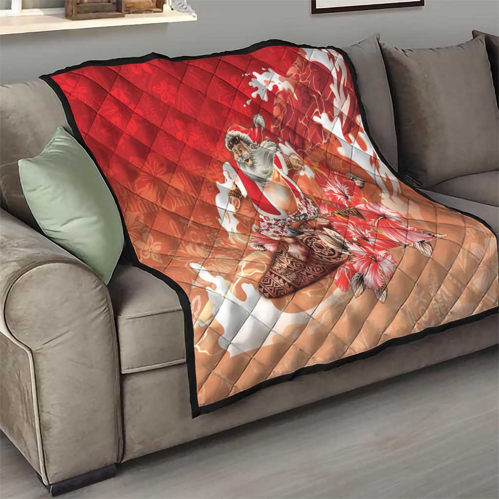 Hawaii Funny Christmas Quilt Santa Surfing With Tapa Pattern - Polynesian Pride