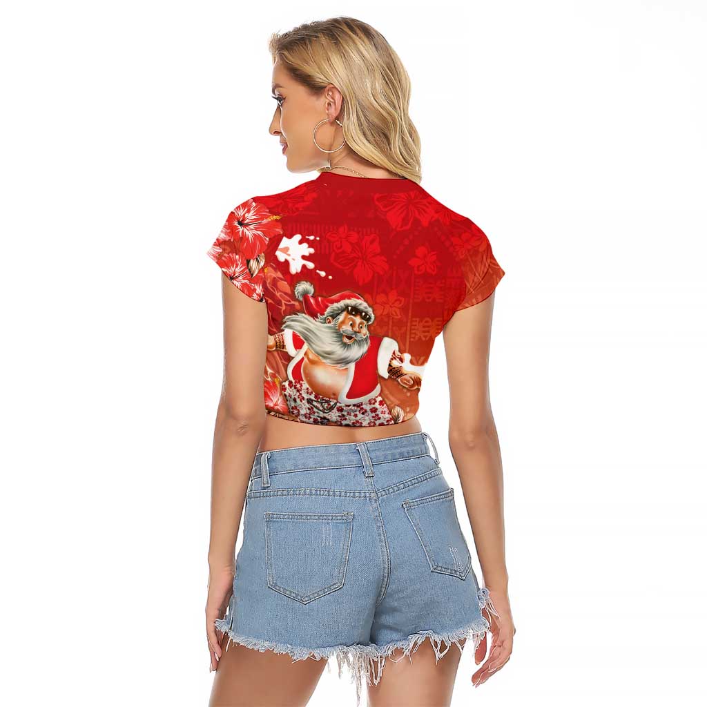 Hawaii Funny Christmas Raglan Cropped T Shirt Santa Surfing With Tapa Pattern - Polynesian Pride