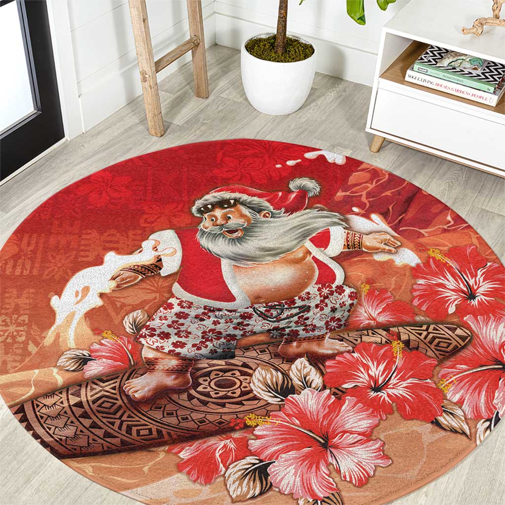 Hawaii Funny Christmas Round Carpet Santa Surfing With Tapa Pattern - Polynesian Pride