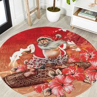 Hawaii Funny Christmas Round Carpet Santa Surfing With Tapa Pattern - Polynesian Pride