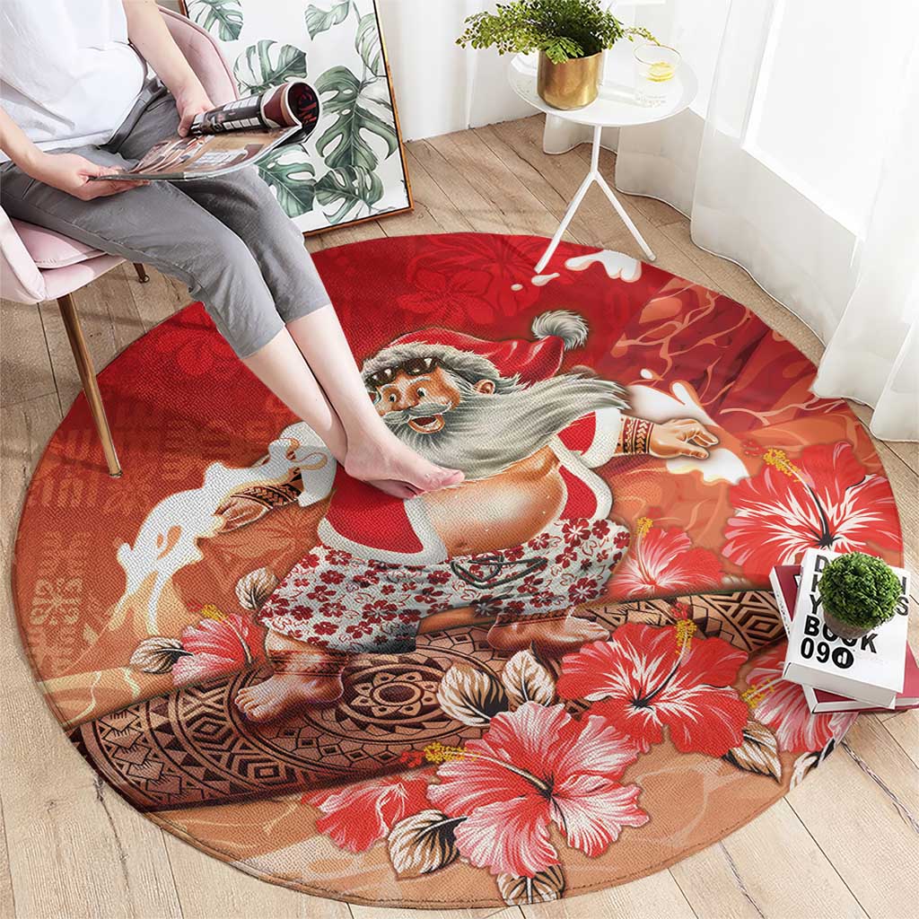 Hawaii Funny Christmas Round Carpet Santa Surfing With Tapa Pattern - Polynesian Pride