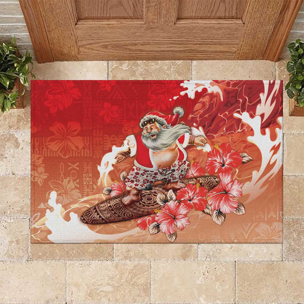 Hawaii Funny Christmas Rubber Doormat Santa Surfing With Tapa Pattern - Polynesian Pride