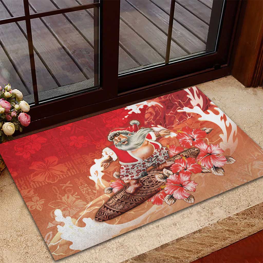 Hawaii Funny Christmas Rubber Doormat Santa Surfing With Tapa Pattern - Polynesian Pride