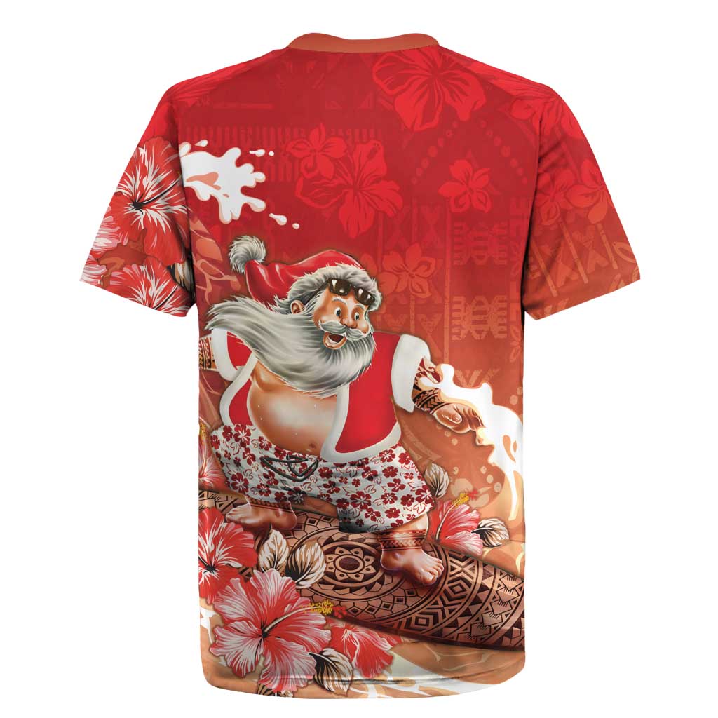 Hawaii Funny Christmas Rugby Jersey Santa Surfing With Tapa Pattern - Polynesian Pride