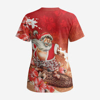 Hawaii Funny Christmas Scrub Top Santa Surfing With Tapa Pattern - Polynesian Pride