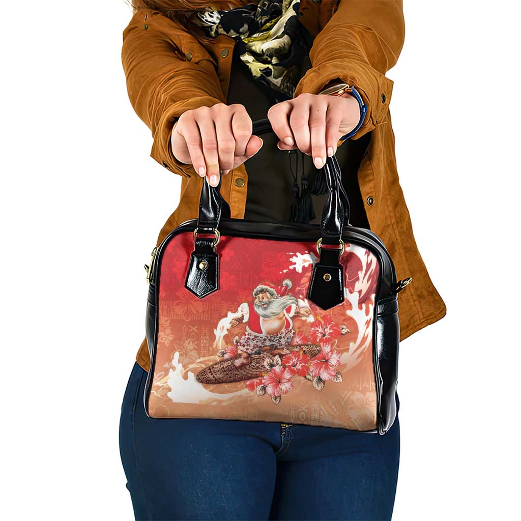 Hawaii Funny Christmas Shoulder Handbag Santa Surfing With Tapa Pattern - Polynesian Pride