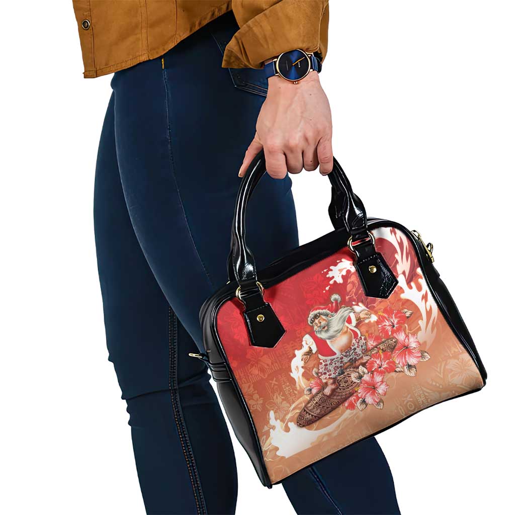 Hawaii Funny Christmas Shoulder Handbag Santa Surfing With Tapa Pattern - Polynesian Pride