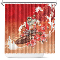 Hawaii Funny Christmas Shower Curtain Santa Surfing With Tapa Pattern - Polynesian Pride