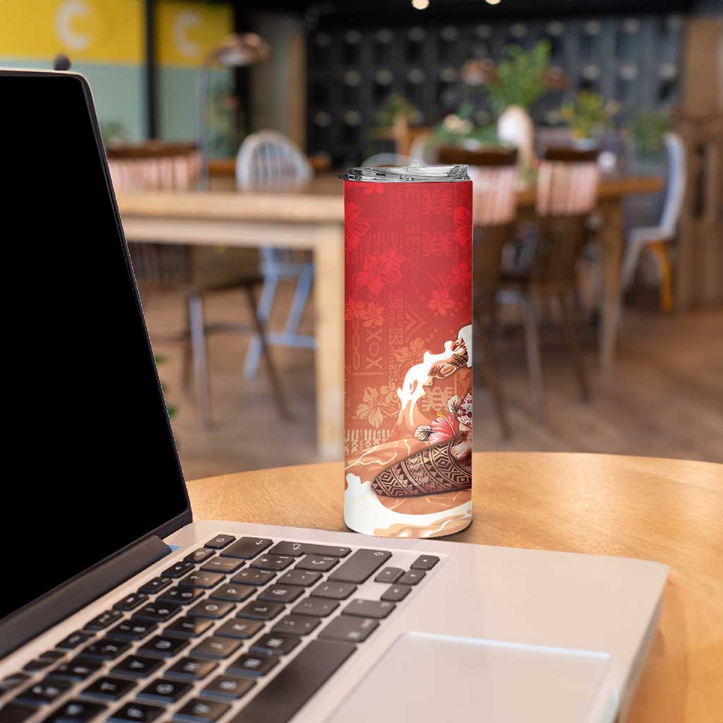 Hawaii Funny Christmas Skinny Tumbler Santa Surfing With Tapa Pattern - Polynesian Pride