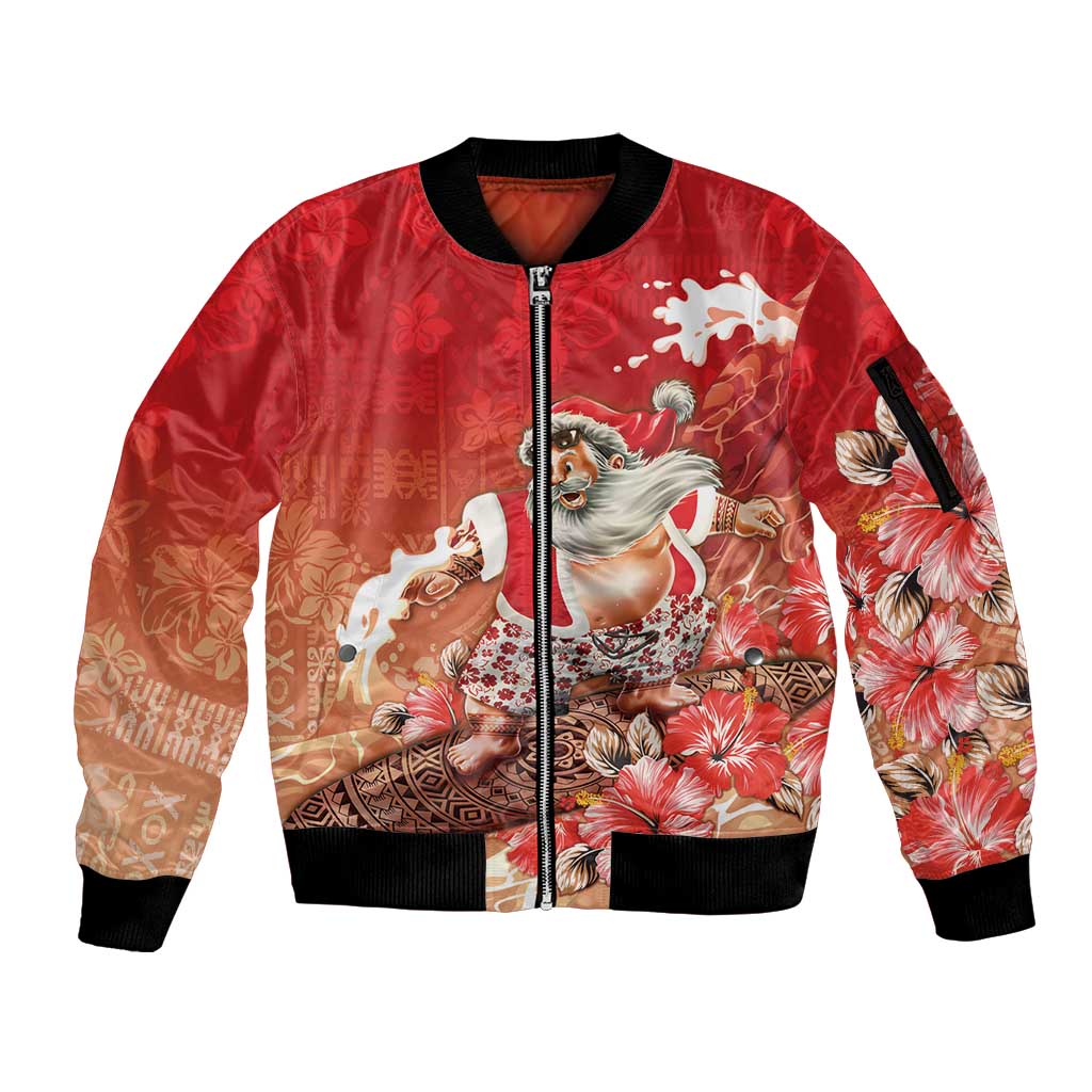 Hawaii Funny Christmas Sleeve Zip Bomber Jacket Santa Surfing With Tapa Pattern - Polynesian Pride