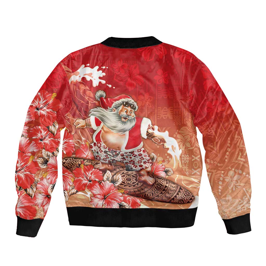 Hawaii Funny Christmas Sleeve Zip Bomber Jacket Santa Surfing With Tapa Pattern - Polynesian Pride