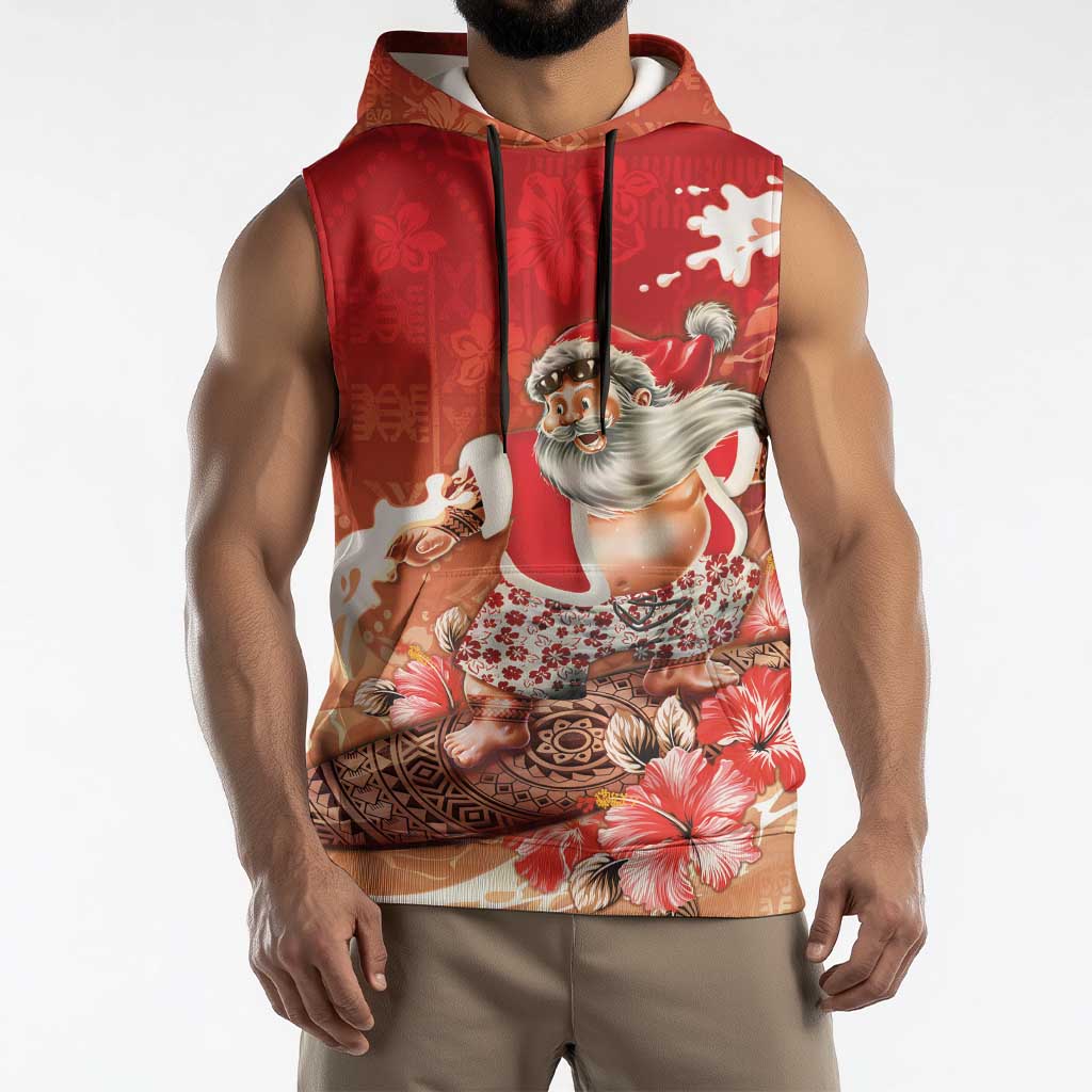 Hawaii Funny Christmas Sleeveless Hoodie Santa Surfing With Tapa Pattern - Polynesian Pride
