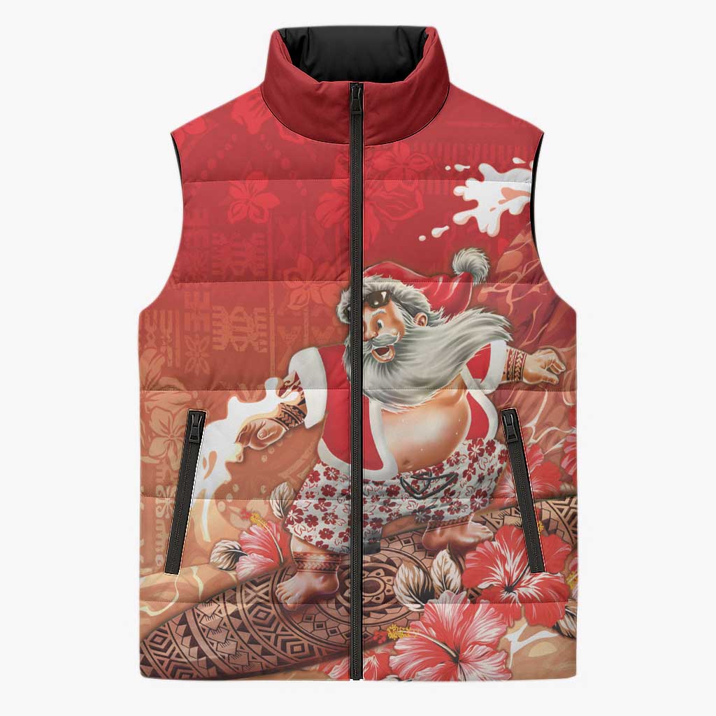 Hawaii Funny Christmas Sleeveless Puffer Jacket Santa Surfing With Tapa Pattern - Polynesian Pride