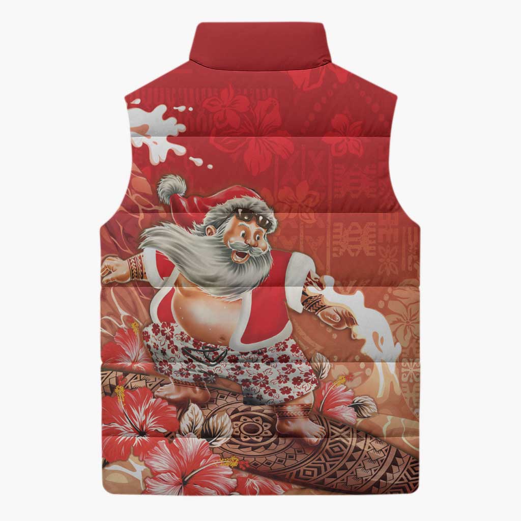Hawaii Funny Christmas Sleeveless Puffer Jacket Santa Surfing With Tapa Pattern - Polynesian Pride