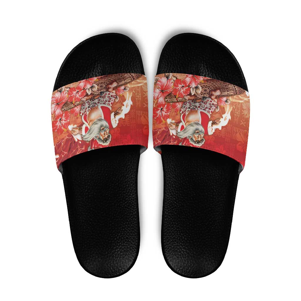 Hawaii Funny Christmas Slide Sandals Santa Surfing With Tapa Pattern - Polynesian Pride