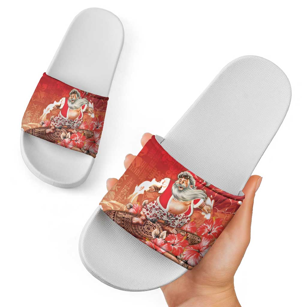 Hawaii Funny Christmas Slide Sandals Santa Surfing With Tapa Pattern - Polynesian Pride