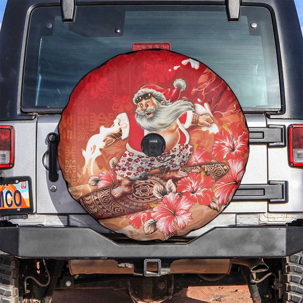 Hawaii Funny Christmas Spare Tire Cover Santa Surfing With Tapa Pattern - Polynesian Pride