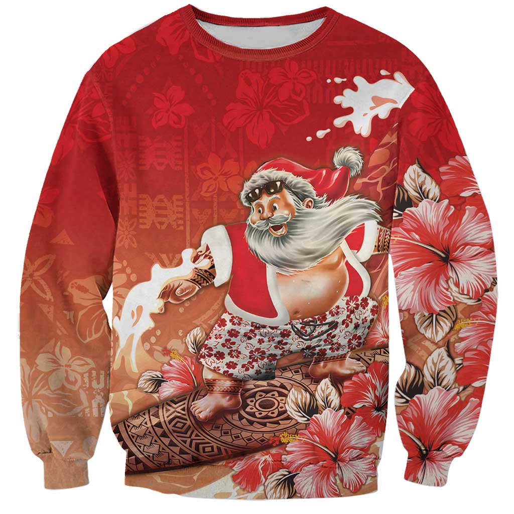 Hawaii Funny Christmas Sweatshirt Santa Surfing With Tapa Pattern - Polynesian Pride