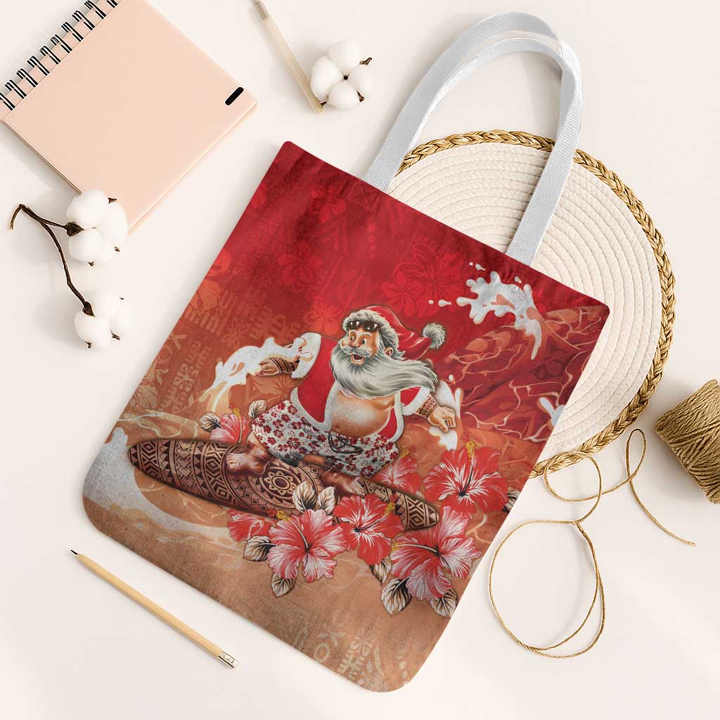 Hawaii Funny Christmas Tote Bag Santa Surfing With Tapa Pattern - Polynesian Pride