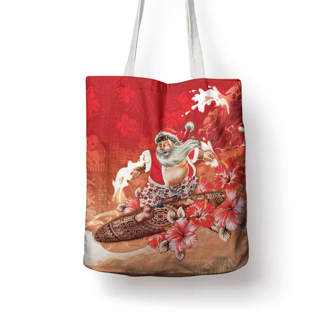 Hawaii Funny Christmas Tote Bag Santa Surfing With Tapa Pattern - Polynesian Pride