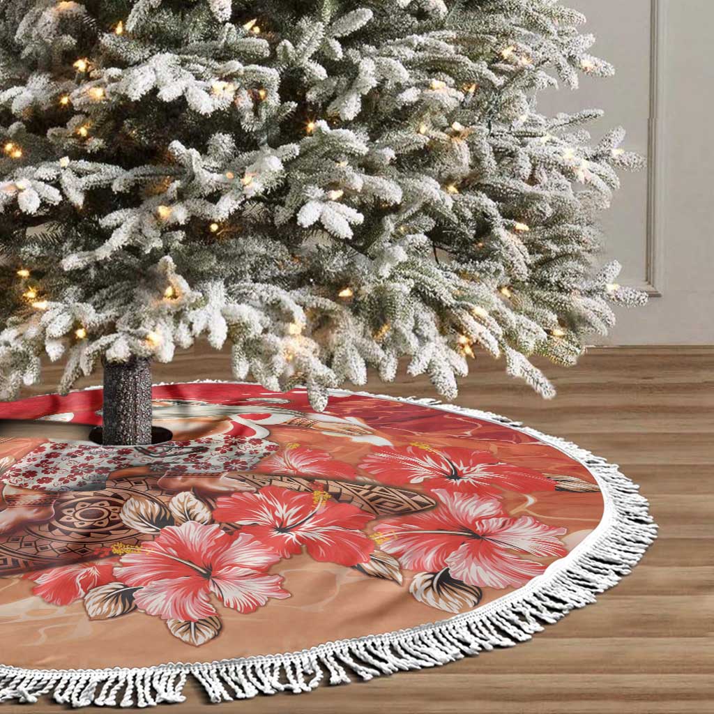 Hawaii Funny Christmas Tree Skirt Santa Surfing With Tapa Pattern - Polynesian Pride
