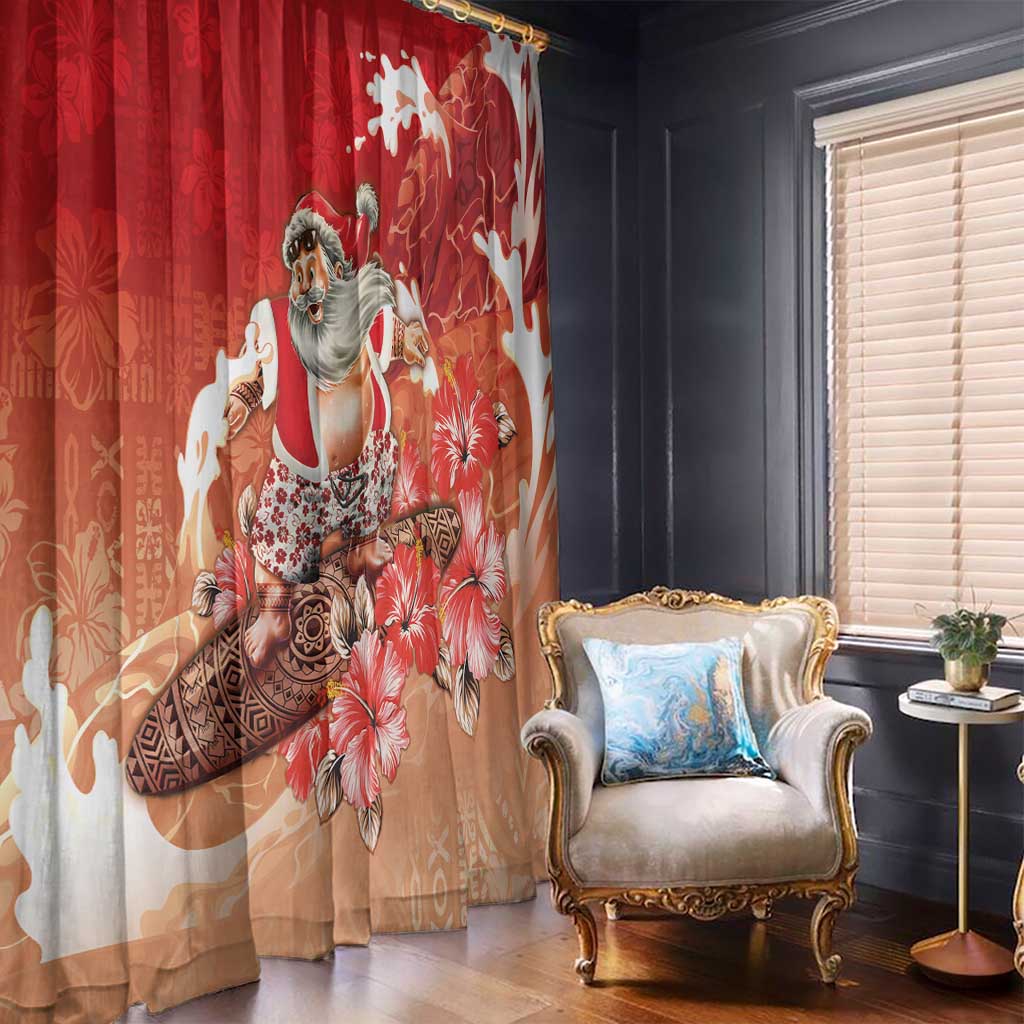 Hawaii Funny Christmas Window Curtain Santa Surfing With Tapa Pattern - Polynesian Pride