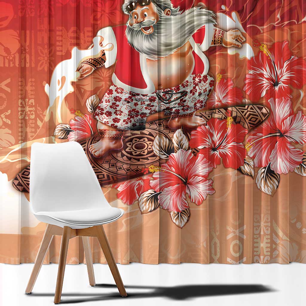 Hawaii Funny Christmas Window Curtain Santa Surfing With Tapa Pattern - Polynesian Pride