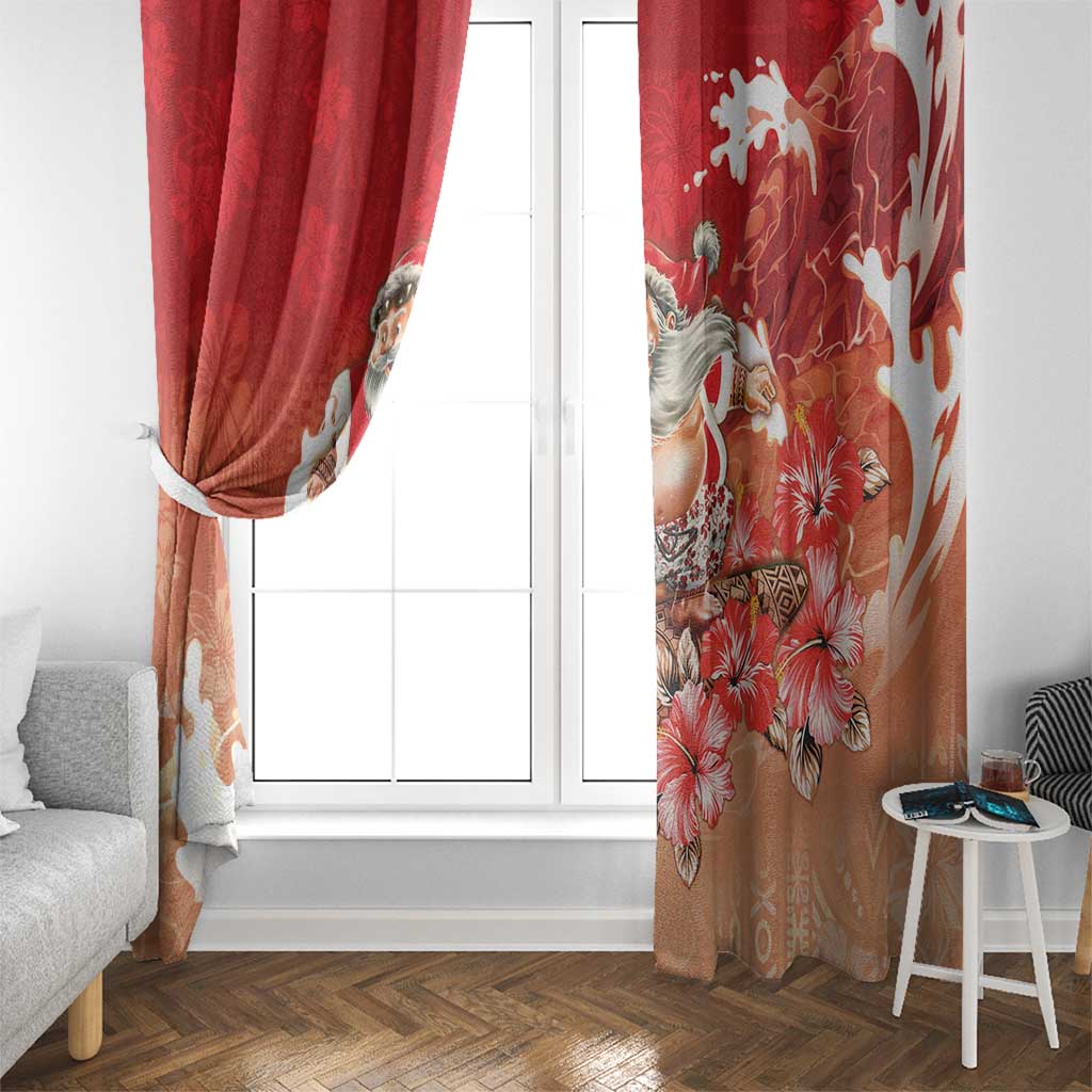 Hawaii Funny Christmas Window Curtain Santa Surfing With Tapa Pattern - Polynesian Pride
