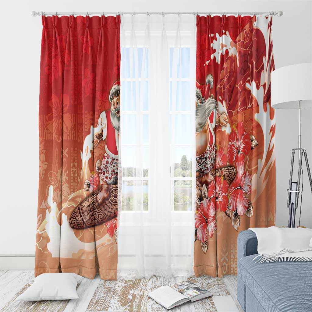 Hawaii Funny Christmas Window Curtain Santa Surfing With Tapa Pattern - Polynesian Pride