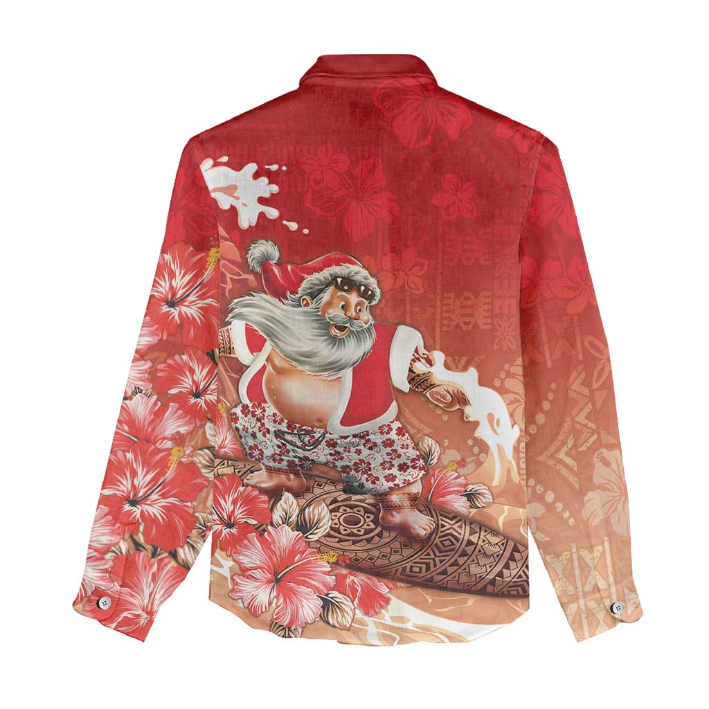 Hawaii Funny Christmas Women Casual Shirt Santa Surfing With Tapa Pattern - Polynesian Pride