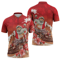Hawaii Funny Christmas Zipper Polo Shirt Santa Surfing With Tapa Pattern - Polynesian Pride