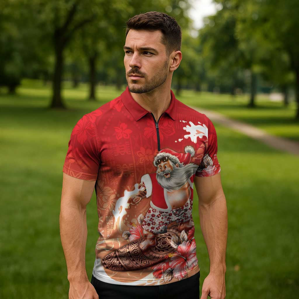 Hawaii Funny Christmas Zipper Polo Shirt Santa Surfing With Tapa Pattern - Polynesian Pride