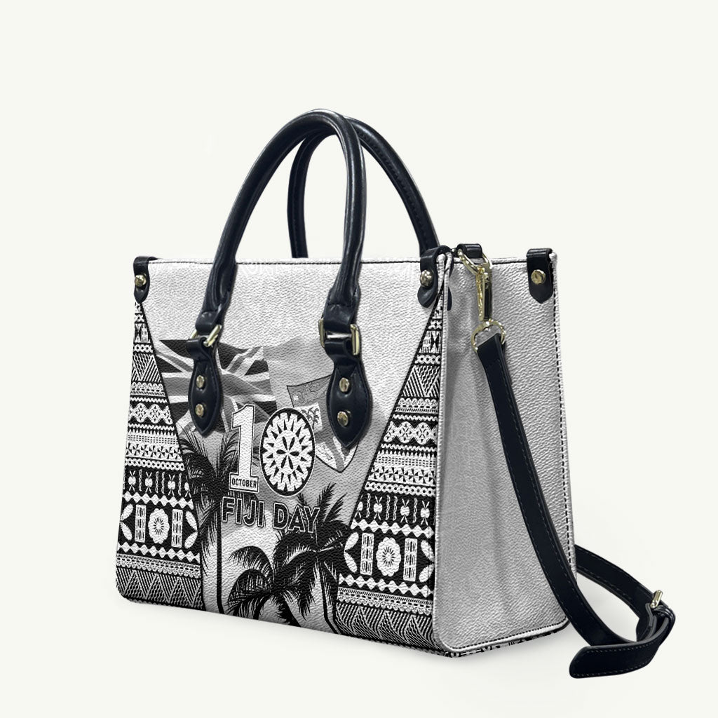Fiji Day 2026 Leather Bag Masi Tapa Pattern With Palm Tree White Version