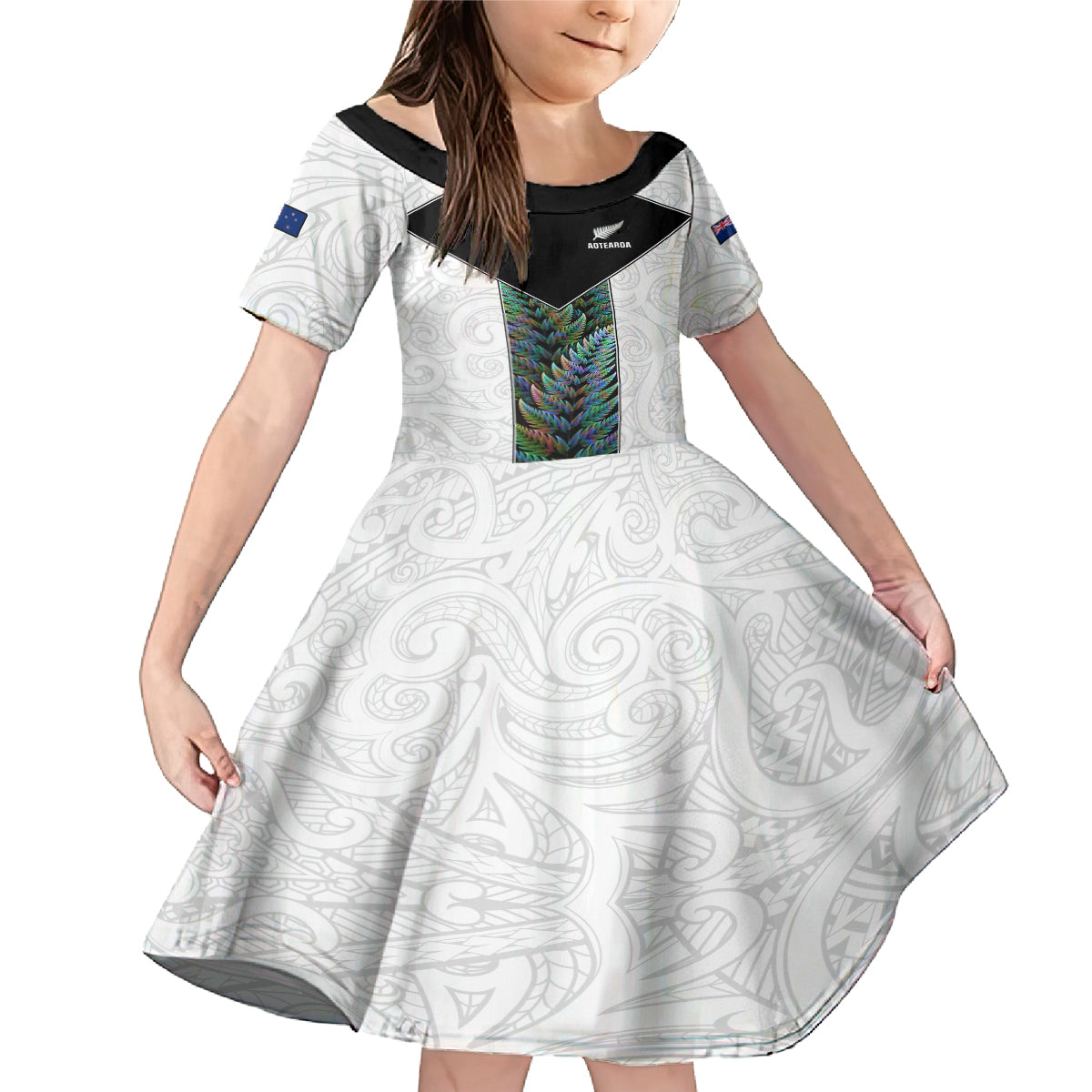 Custom New Zealand Fern Rugby Family Matching Mermaid Dress and Hawaiian Shirt World Cup 2023 Paua Shell Maori Pattern LT05 Daughter's Dress White - Polynesian Pride