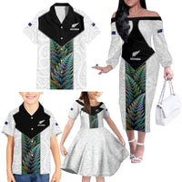 Custom New Zealand Fern Rugby Family Matching Off Shoulder Long Sleeve Dress and Hawaiian Shirt World Cup 2023 Paua Shell Maori Pattern LT05 - Polynesian Pride