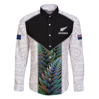Custom New Zealand Fern Rugby Family Matching Off Shoulder Long Sleeve Dress and Hawaiian Shirt World Cup 2023 Paua Shell Maori Pattern LT05 Dad's Shirt - Long Sleeve White - Polynesian Pride